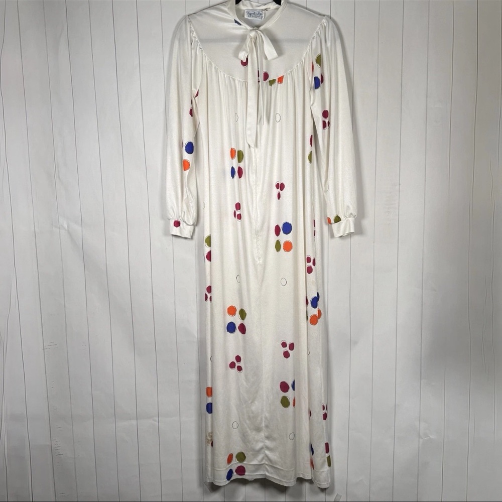 Vintage Neiman-Marcus Travel-Lite Polka Dot Maxi Dress White Retro House Gown S - Picture 1 of 9